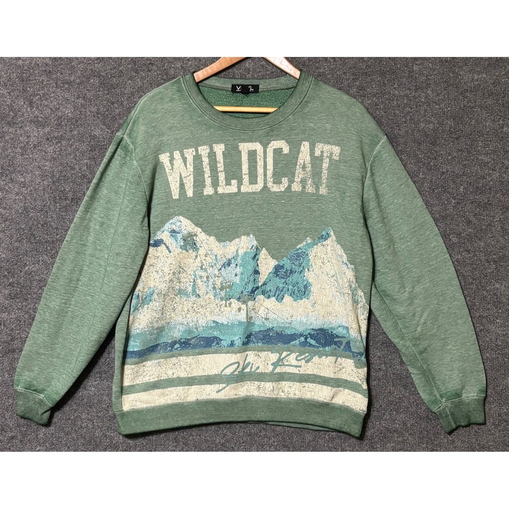 Vinyl Icons‎ Womens S Pullover Sweater Green Wildcat Sky Resort Graphic Mountain